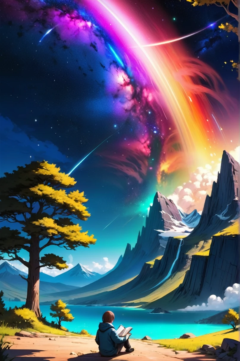 a sitting in the stars and reading a colored shining book, rainbow colored cosmic nebula sky background, stars, galaxies