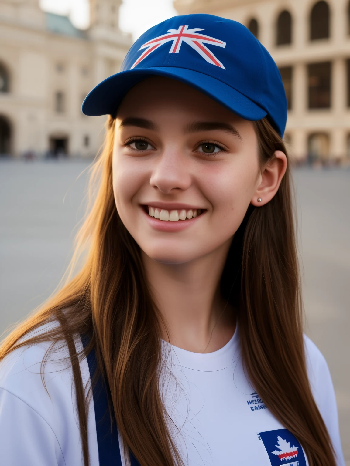 Australian sporty girl, (18 years old), in the city square, dawn, cap, excited expression, (face and skin details), (masterpiece, best quality, highly detailed, hyper realistic)