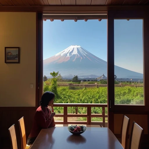A woman standing in a room facing this way。Table in the foreground。On the table are fruit on a plate and a wine glass。There is a window on the back wall、You can see Mt. Fuji from the window。