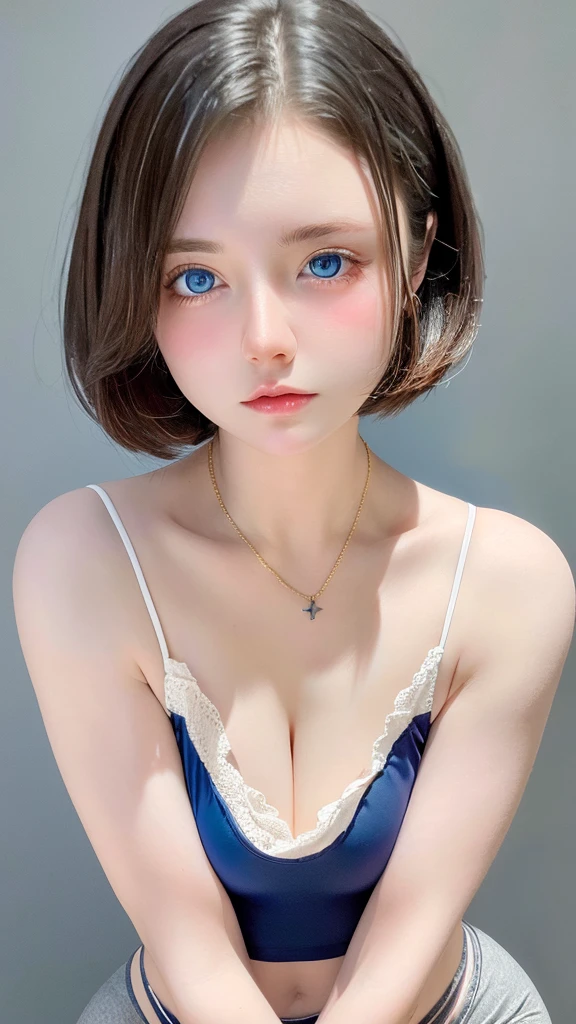 looking at the viewer, cinematic lighting, perfection, soft light, high resolution skins:1.2, realistic skin texture, 、small face、No makeup、off shoulder,bust B cup、 exposed cleavage, blue eyes, short hair, dark brown hair、leggings、good for sports、full nude、gray background