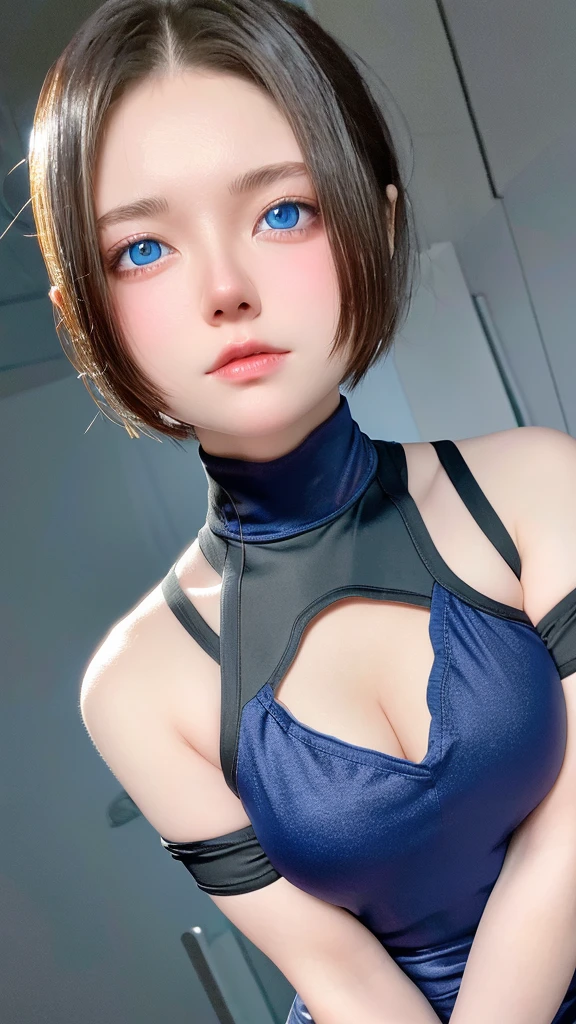 looking at the viewer, cinematic lighting, perfection, soft light, high resolution skins:1.2, realistic skin texture, 、small face、No makeup、off shoulder,bust B cup、 exposed cleavage, blue eyes, short hair, dark brown hair、leggings、good for sports、full nude、gray background