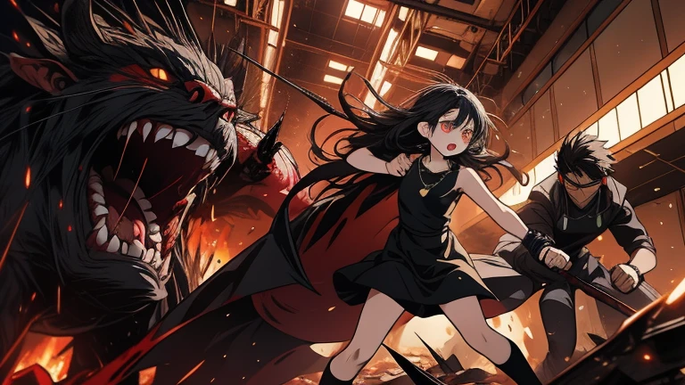 Akira, with long black hair and pale skin, wearing a sleeveless black mini dress and a necklace, anime character, fighting vs demon monsters, action dynamic scene, blood, in an epic battle scene in inside a destroyed modern shopping mall