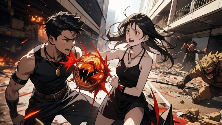 Akira, with long black hair and pale skin, wearing a sleeveless black mini dress and a necklace, anime character, fighting vs demon monsters, action dynamic scene, blood, in an epic battle scene in inside a destroyed modern shopping mall