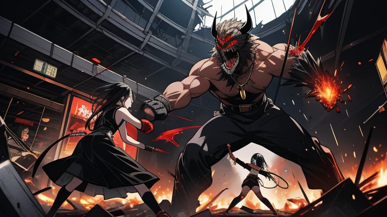 Akira, with long black hair and pale skin, wearing a sleeveless black mini dress and a necklace, anime character, fighting vs demon monsters, action dynamic scene, blood, in an epic battle scene in inside a destroyed modern shopping mall