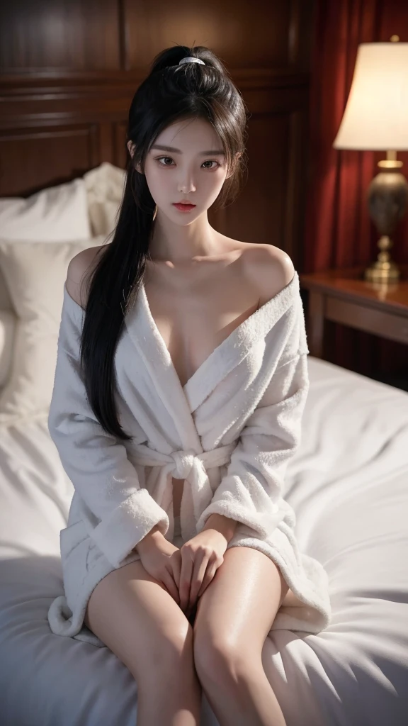 korean model , slim body , 167cm ，Movie Angle，long black ponytails hairstyle, （Cute girl， correct, bathrobe，（ art，geomerty），（plethora of colorest quality，high detal，tmasterpiece，Cinematic lighting effects，4K，Chiaroscuro）,  on the bed