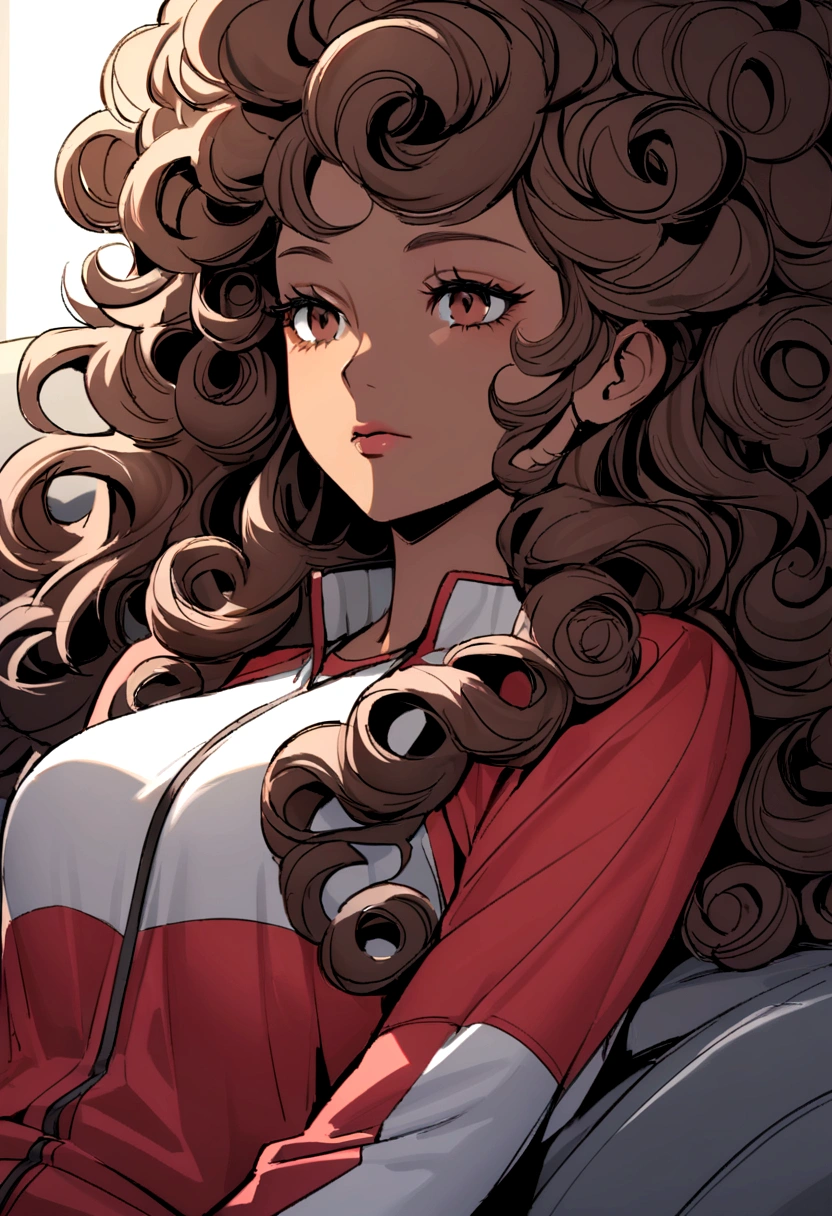 woman with long curly hair wearing a sports outfit lying on a sofa, big hair, medium long curly hair, curly hair, curly brown hair, mixed skin, with afro, with long curly hair, gorgeous woman, curly haircut between