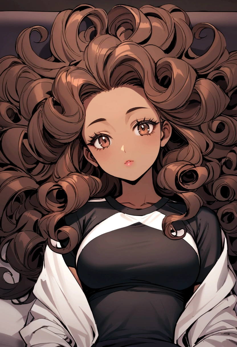 woman with long curly hair wearing a sports outfit lying on a sofa, big hair, medium long curly hair, curly hair, curly brown hair, mixed skin, with afro, with long curly hair, gorgeous woman, curly haircut between