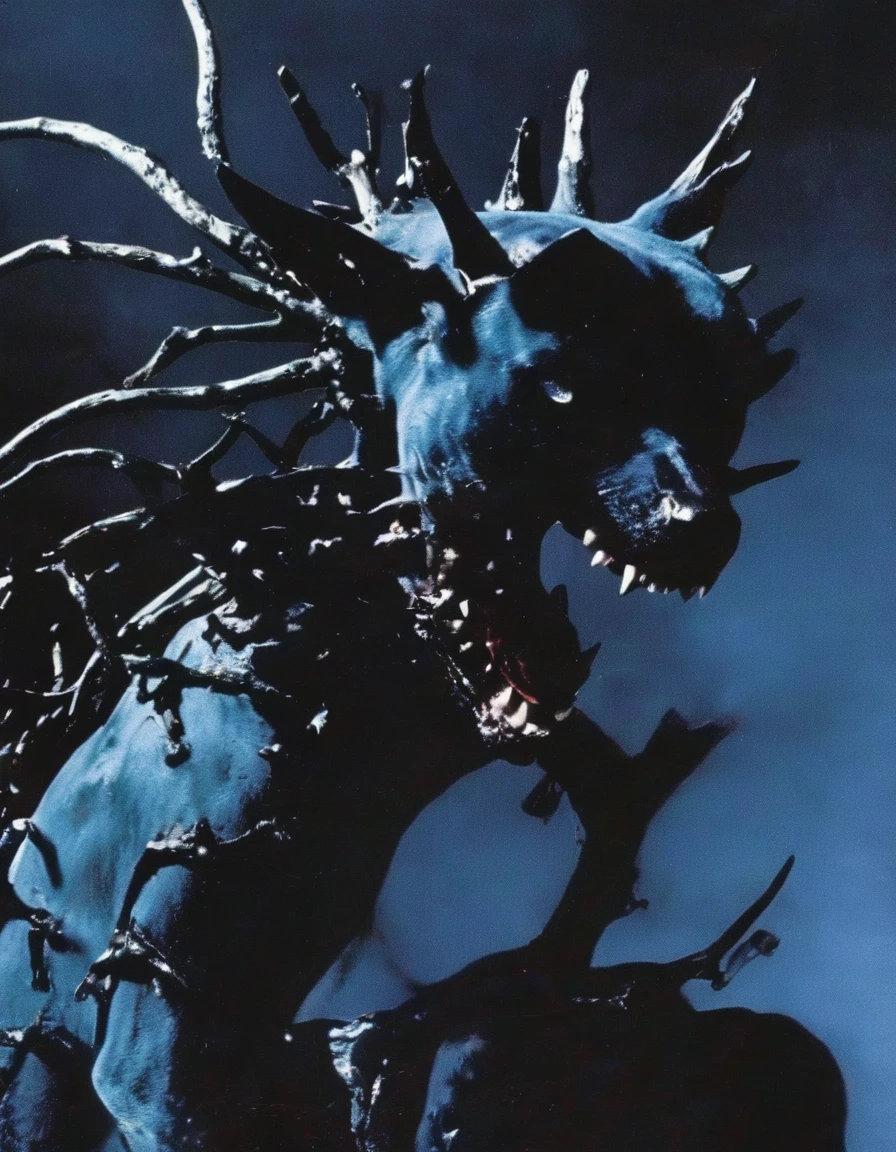 film photography, vintage, fashion shoot of female horror monster, blue dark background