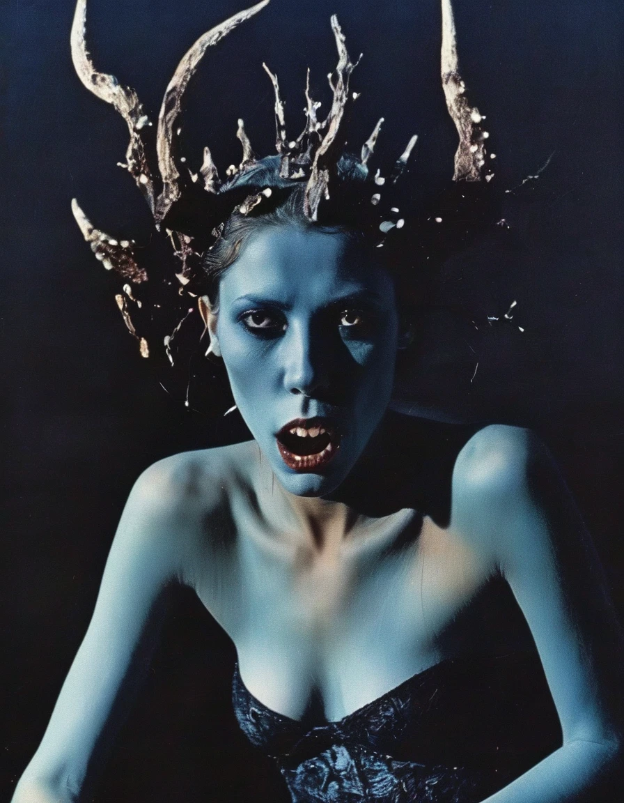 film photography, vintage, fashion shoot of female horror monster, blue dark background