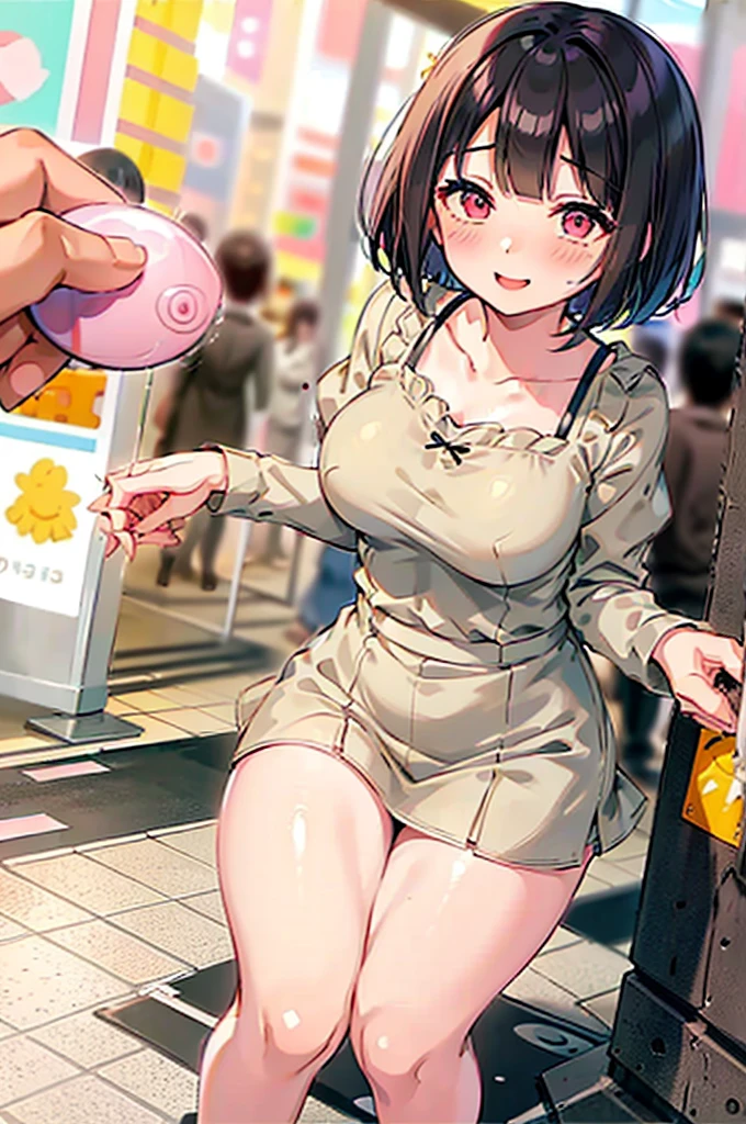 4K，One Girl, MS. end，thin，Very short stature，Very thin thighs，Blunt bangs，Short dress shirt, Half sleeves，Red Suspender ，blush, smile, Bobcut, Black Hair，Vibrant colors, ，A lot of  drips down her thighs onto the floor，(remote_play))，remote-vibrating-egg，((Someone else's hand holding a pink round remote control:1.3))、Ecstatic expression，Accurate and detailed female fingers，,blush
