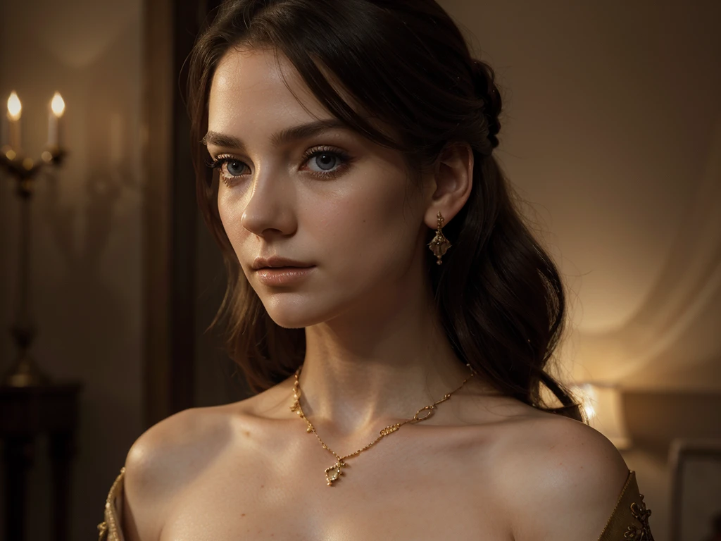 A chiaroscuro portrait of a woman, beautiful detailed eyes, beautiful detailed lips, extremely detailed eyes and face, long eyelashes, porcelain skin, elegant hairstyle, intricate jewelry, dramatic lighting, Renaissance style, dramatic shadows, warm golden tones, dramatic chiaroscuro lighting, ultra-detailed, 8k, photorealistic, masterpiece, cinematic, dramatic atmosphere, elegant and regal