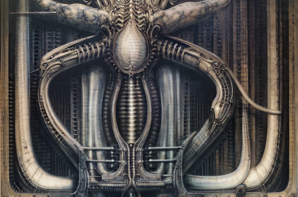 Giger_style, The image is a detailed view of H.R. Giger's Tableau \" Biomechanical Landscape No 312 \" plate.
 The image is a  photograph of a complex, abstract bone and ivory structure that resembles pipes and wires. The structure is composed of numerous pipes and wires intertwining and overlapping each other in a chaotic yet harmonious manner.
The style  is clearly biomechanical. Features combination of organic and mechanical forms. Mechanical elements dominate the background of composition, there are subtle organic hints. The use of undersaturated purple-grays dark contrasts creates a stark and graphic look. Is used a variety of linework techniques to create different textures. Fine, parallel lines create a smooth, metallic texture,while thicker, more cursive lines suggest cables or wires. The artwork is shiny and purplish brown, with an ivory bones prominently displayed. The image is highly detailed and intricate, almost like a 3d version of a medical diagram