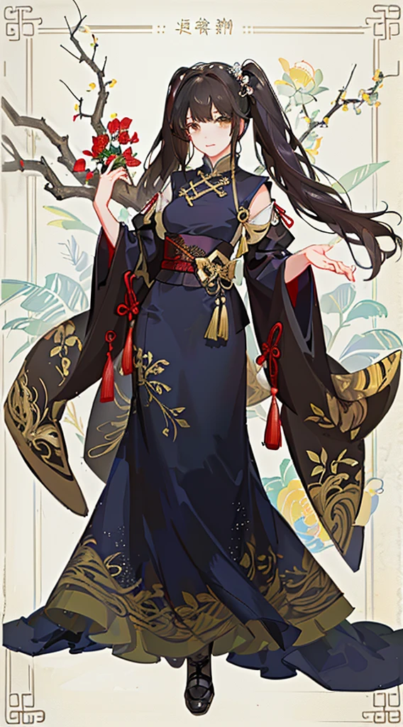 girl,full body,(detailed face:1.2), masterpiece, fashion,chinese dress,, medium hair, black hair, twintails, blunt bangs, brown eyes,