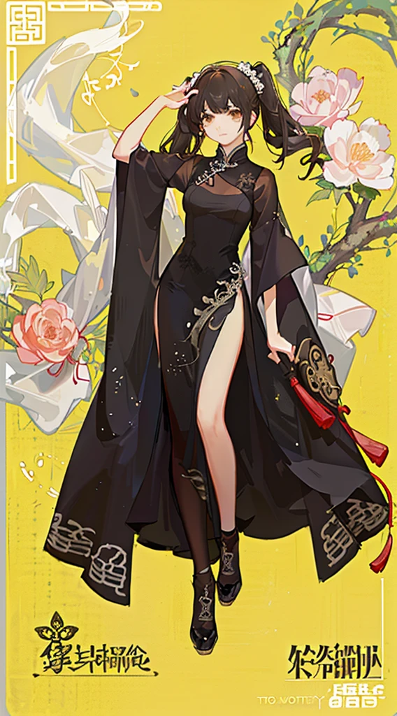 girl,full body,(detailed face:1.2), masterpiece, fashion,chinese dress,, medium hair, black hair, twintails, blunt bangs, brown eyes,