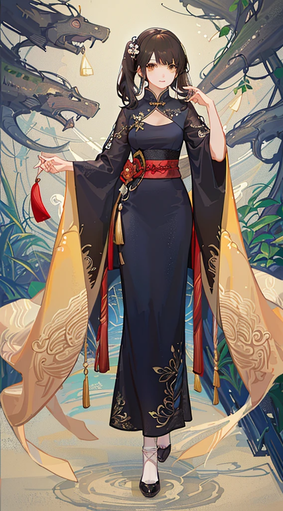 girl,full body,(detailed face:1.2), masterpiece, fashion,chinese dress,, medium hair, black hair, twintails, blunt bangs, brown eyes,