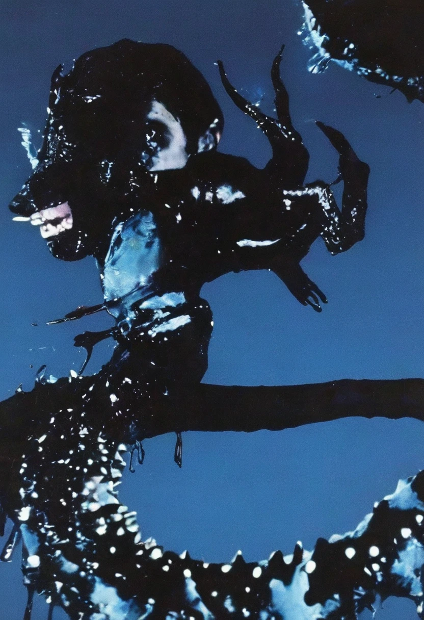 film photography, vintage, fashion photography of horror, blue background