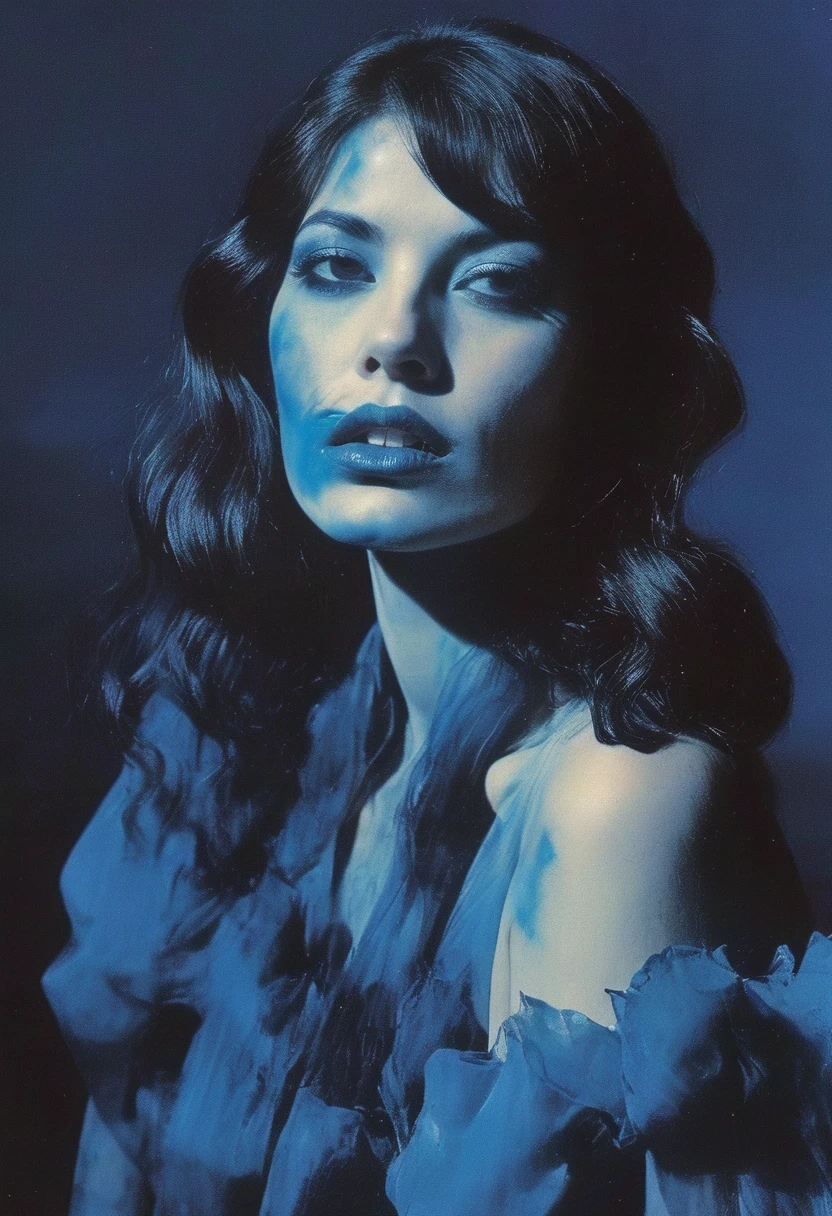 film photography, ancient, horror fashion photography, blue background