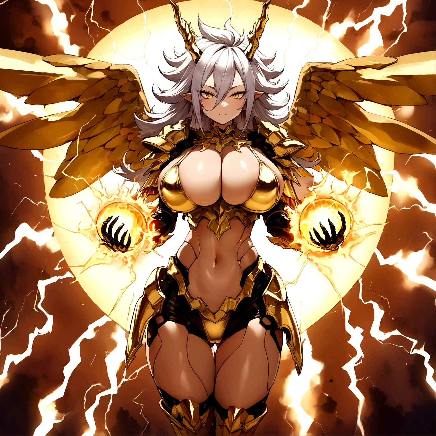 ((Lightning Power)), ((Electricity)), ((Fire Background)), ((Lightning Storm)), ((Power Erupting)), (((((android 21))))), (((Evil Power))), (((white Coat))), (((Busty))), (((((Big ??????:1,3)))), luxury bustier corset, (((silver hair))), (((Very slim waist))), propotional body, ((Gorgeous)), (((Fire Blazing Horns))), ((((gold wings))), masterpiece, hyperdetail, ambient effect, digital effect, (((Fire Gold ?????? Armor))), (((Lightning Gold Wings))), ((((Gigantic Sun Rasengan))))