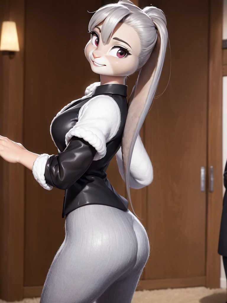 best quality,
masterpiece,
3D anime,
(((solo))),
(((1girl))),
((Face is JudyHopps)),
(long ears like a rabbit:0.8),
Heir is in a black ponytail style,
Body is human lady,
She is a new employee,
Hers outfit is business suit,
She is wearing a black jacket over a white blouse,
She is wearing a black skirt,
(the suit is made of wool:1.4),
((skin is silver with fluffy and fluffy)),
(portrait view),
In the background there is a green leaves,
((Her expression shows a fresh fresh smile)),
((She is standing straight with her back upright and her hands lightly clasped in front of her))
