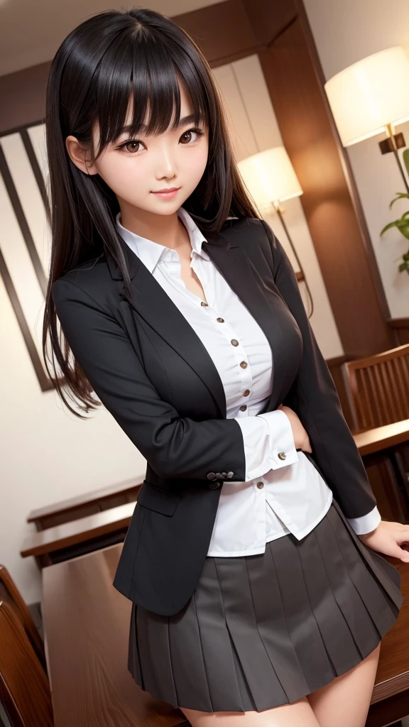 ((Tabletop)), (Detailed face), (highlight), Asian Girl、Big breasts、thigh、Black Hair、Heavy bangs、high school girl、skirt、blazer、