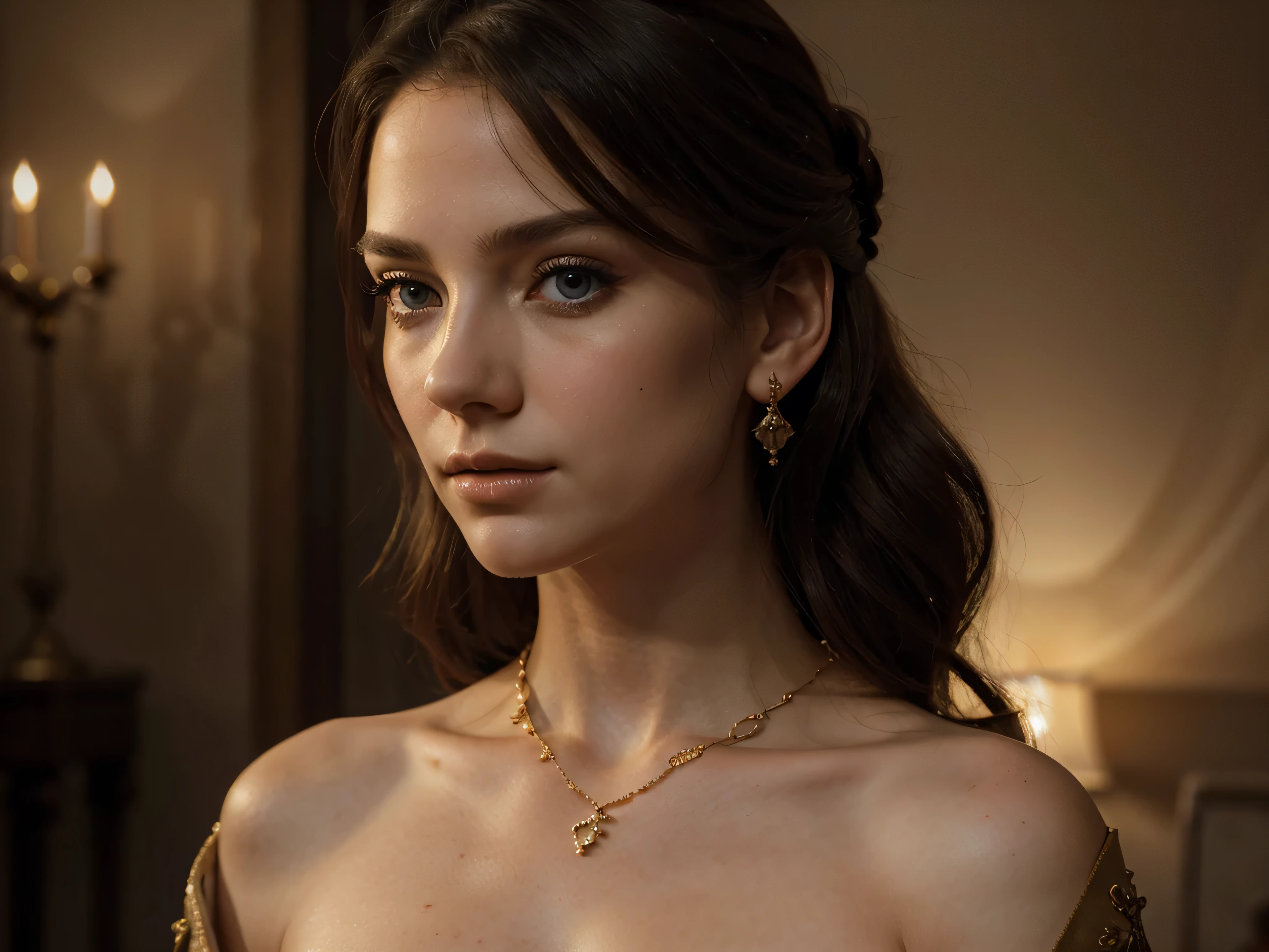 A chiaroscuro portrait of a woman, beautiful detailed eyes, beautiful detailed lips, extremely detailed eyes and face, long eyelashes, porcelain skin, elegant hairstyle, intricate jewelry, dramatic lighting, Renaissance style, dramatic shadows, warm golden tones, dramatic chiaroscuro lighting, ultra-detailed, 8k, photorealistic, masterpiece, cinematic, dramatic atmosphere, elegant and regal