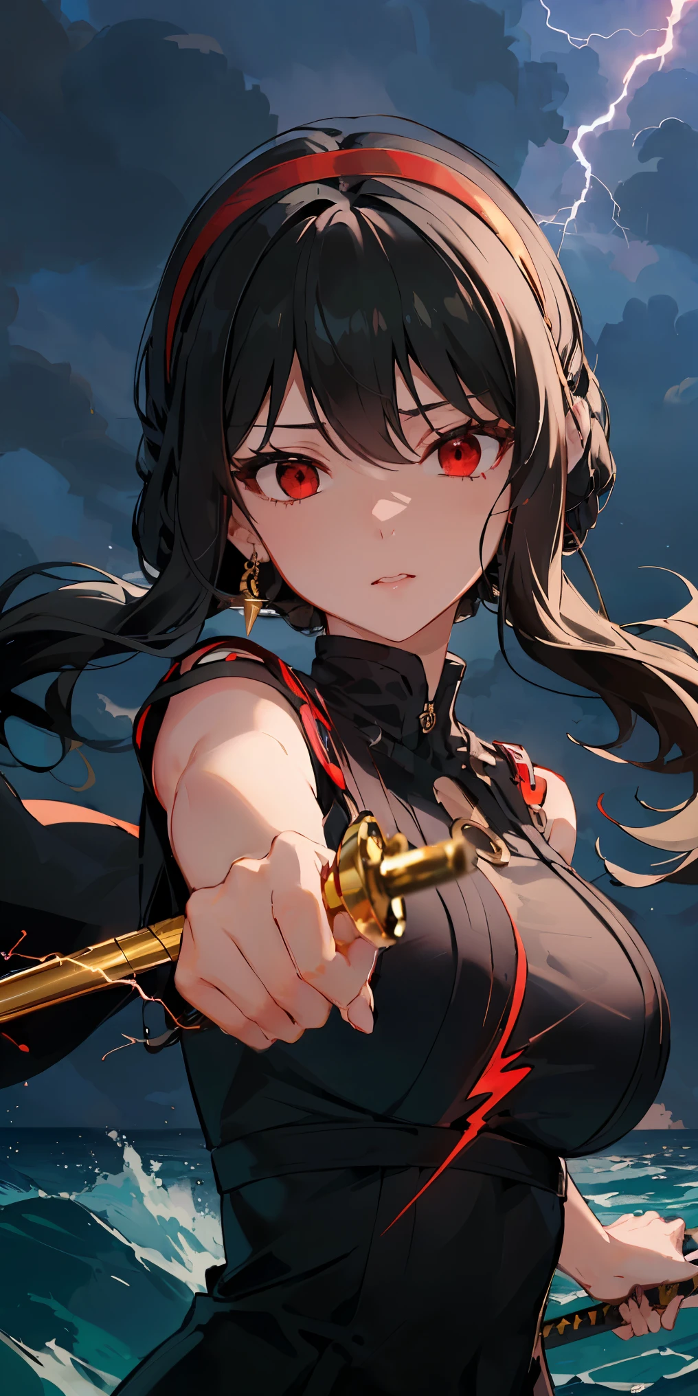 Ajof, side locks, golden hairband, hair adornments, ((Red eyes:1.5)), gold earring, Large breasts,((black hair:1.5)), lightning eye, holding katana, lightning, lighting striking ocean in background, glowing, purple lighting, wallpaper, surrounded by lightning, (perfect hands, perfect anatomy),