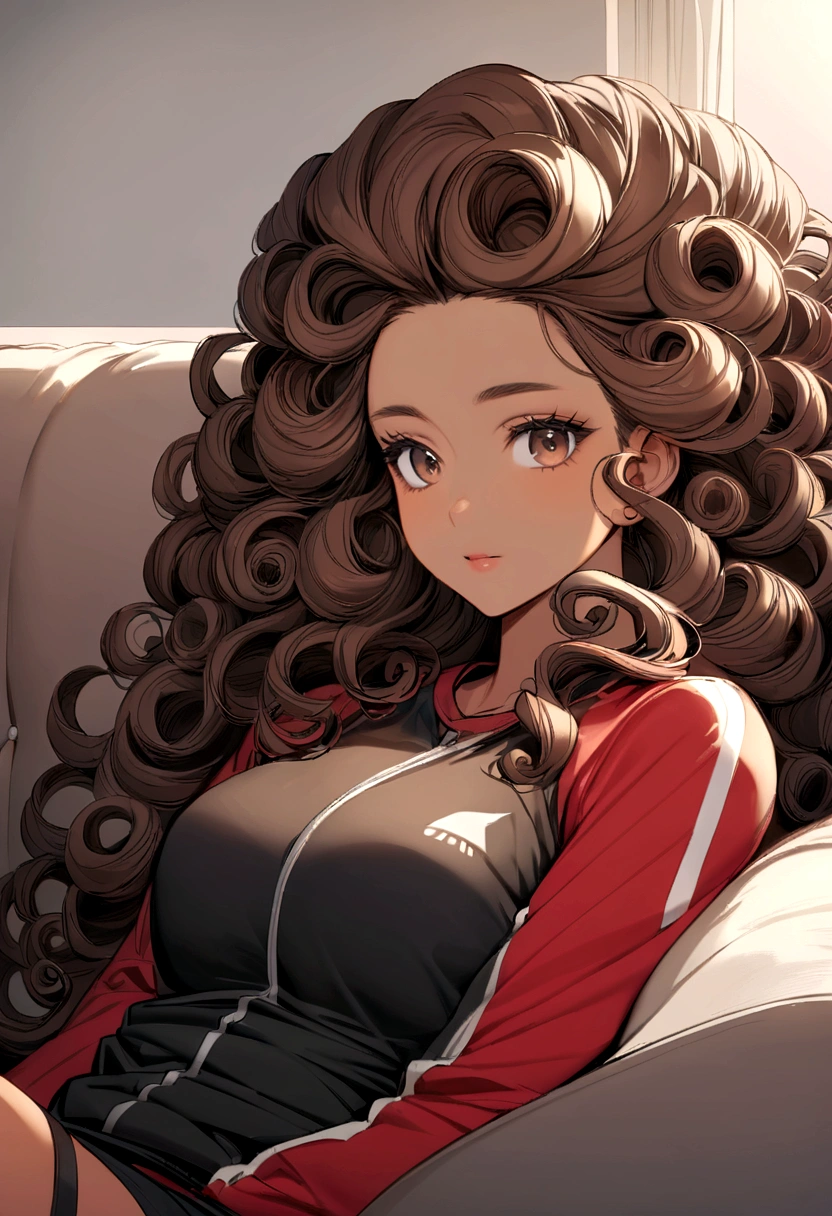 woman with long curly hair wearing a sports outfit lying on a sofa, human, medium long curly hair, curly hair, curly brown hair, mixed skin, with afro, with long curly hair, gorgeous woman, curly haircut medium
