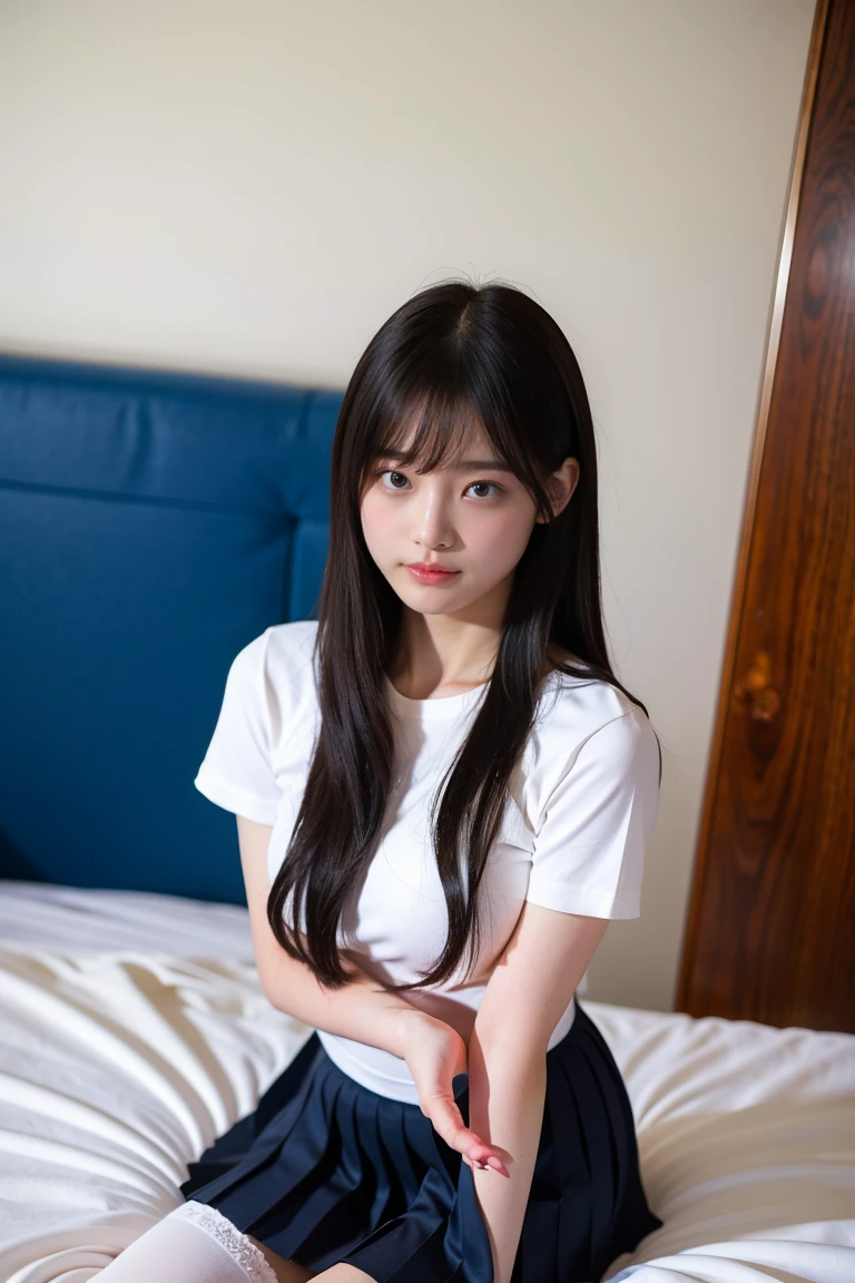 Tabletop, Highest quality, 8K, 15-year-old student, child、Raw photo, Girl in uniform in the changing room, Side view, With a slightly embarrassed look, During undressing、Wearing hair in one ear、Shiny long hair、Exposed Skin、low length、150cm、No bra、Nipples visible through the gaps in her clothes、Firm breasts、Bare Chest、Bare Chestが丸見え、White lace panties、Navy blue pleated skirt, ((Black Stockings)), Absurd,  alone,Idol Face, Biolaces, Gardenia, Delicate girl, Very cute girl、Upper Body, Digital single-lens reflex camera, Frank, Sophisticated, Zola々right, Thin arms, Professional Lighting, chromatic aberration, (Eye and facial details:1.0)、18-year-old、Chiho、Super cute、Stocking removal pose、 ((Full body in frame))