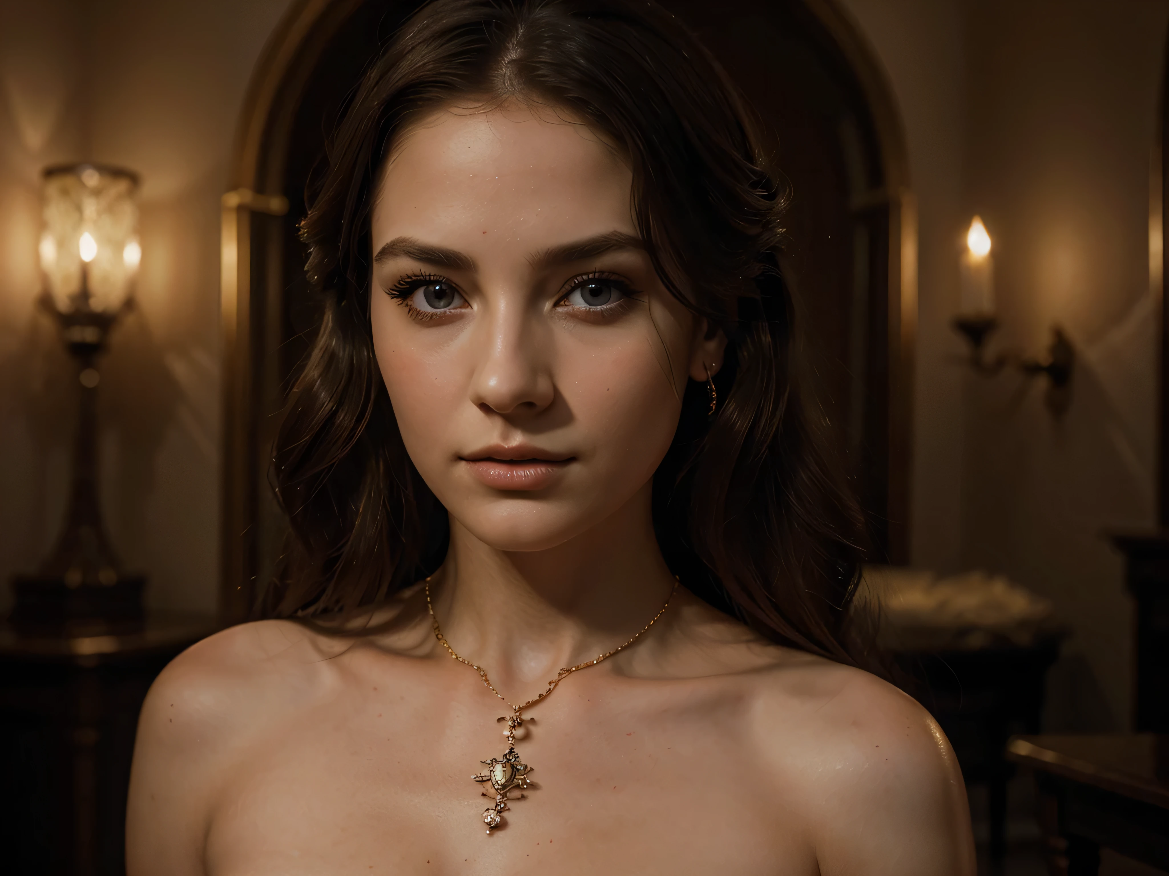 A chiaroscuro portrait of a woman, beautiful detailed eyes, beautiful detailed lips, extremely detailed eyes and face, long eyelashes, porcelain skin, elegant hairstyle, intricate jewelry, dramatic lighting, Renaissance style, dramatic shadows, warm golden tones, dramatic chiaroscuro lighting, ultra-detailed, 8k, photorealistic, masterpiece, cinematic, dramatic atmosphere, elegant and regal