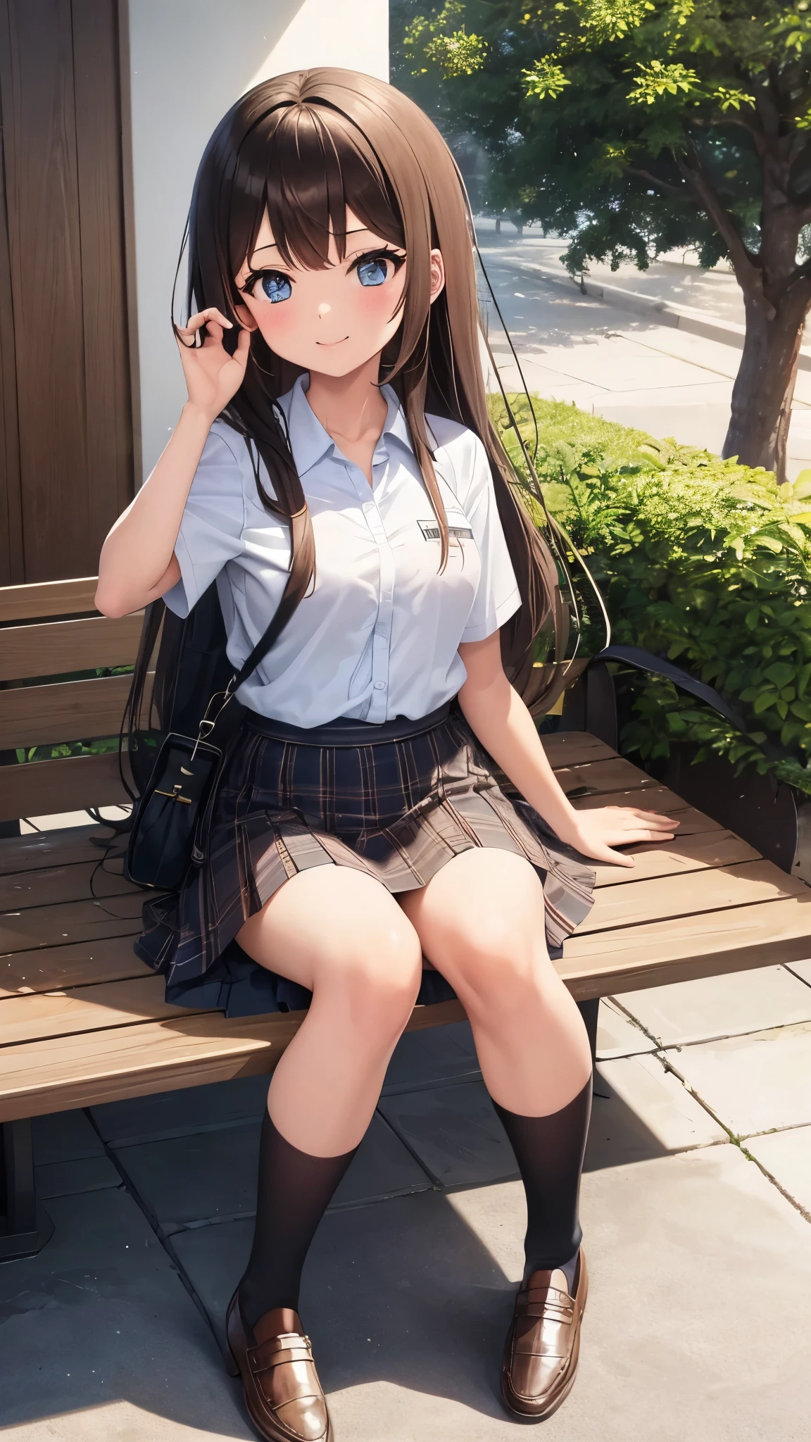 long hair, looking at viewer, smile, bangs, blue eyes, multiple girls, skirt, brown hair, shirt, black hair, short sleeves, brown eyes, long hair, sitting in sunset classroom , white polo shirt, pleated skirt, outdoors, open clothes, socks, striped, collared shirt, hand up, 3girls, bag, kneehighs, plaid skirt, brown footwear, flying sweatdrops, loafers, grey skirt, school bag, diagonal stripes,