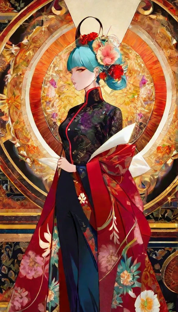 Professional fashion photography, innovative fashion design, aesthetic, best quality, high quality, masterpiece, 8K, UHD, extremely detailed, impasto, by Kilian Eng and Takeshi Koike,
break
a beautiful women, graceful elegance, a female figure that epitomizes ultimate femininity and womanhood, nurturing aura, the scene conveys a sense of nurturing, warmth, and the powerful essence of womanhood,
break
dynamic pose, correct anatomy, anatomically correct, perfect anatomy,
break
Abstract print blouse with a front knot detail and matching wide-leg pants designed by Fujiwara Hiroshi and Alexander McQUEEN,
break
advanced lighting techniques, high dynamic range, vivid and accurate colors, harmonious color scheme, meticulously detailed, visually stunning, emotionally engaging, modern art influences, contemporary art,