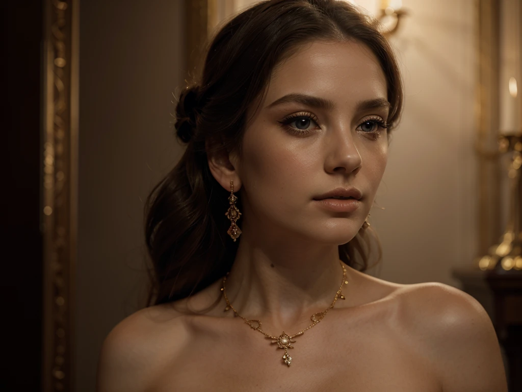 A chiaroscuro portrait of a woman, beautiful detailed eyes, beautiful detailed lips, extremely detailed eyes and face, long eyelashes, porcelain skin, elegant hairstyle, intricate jewelry, dramatic lighting, Renaissance style, dramatic shadows, warm golden tones, dramatic chiaroscuro lighting, ultra-detailed, 8k, photorealistic, masterpiece, cinematic, dramatic atmosphere, elegant and regal