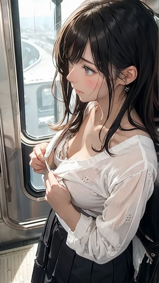 Maximum number of pixels、Very clear and detailed, high resolution、Top view、Shoot close、Inside the train、Back view、White shirt、Gaps in bras、Breast flash、Perfect Style, Cute face, Accurate, Anatomically correct, Shiny skin, Fair skin, Shiny skin、Glossy lips、 (Embarrassed look: 1.2),Female 32 years old, Retrospective photos of the rear roam、Angle from above、Looking down from above、From behind, Beautiful Face, (Dark blue skirt)、blush、humiliation、impatience、tears、Embarrassing、Surprised expression、Expressions of anger、Sweaty、Black Hair、Shortcuts、Girl pressed against train door、Sexy、Green Ash Eye、Turn your back、Crushed、crowded train、Soaking wet、Flowing sperm、Sperm in the ass、Sperm on thighs、Flowing sperm(Attractive ass:1.2),、Exposed panties、Disheveled clothes、Exposed breasts、