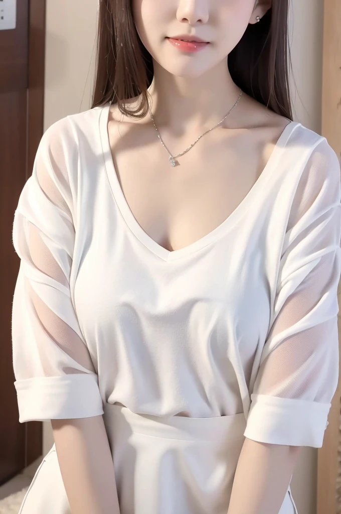 Close up portrait of woman in white shirt and gray skirt, Shirahime cut hairstyle, Smooth white tight clothing suit, White blouse, Wearing a white V-neck top, Wear a shirt, White fashionable clothes, White Hanfu, White, White blouseWear a shirt, Sailor suit with loose coat collar, Korean Girls, Quality white shirt, Young and pretty girl