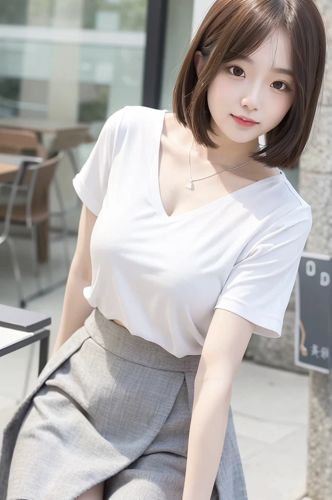 Close up portrait of woman in white shirt and gray skirt, Shirahime cut hairstyle, Smooth white tight clothing suit, White blouse, Wearing a white V-neck top, Wear a shirt, White fashionable clothes, White Hanfu, White, White blouseWear a shirt, Sailor suit with loose coat collar, Korean Girls, Quality white shirt, Young and pretty girl