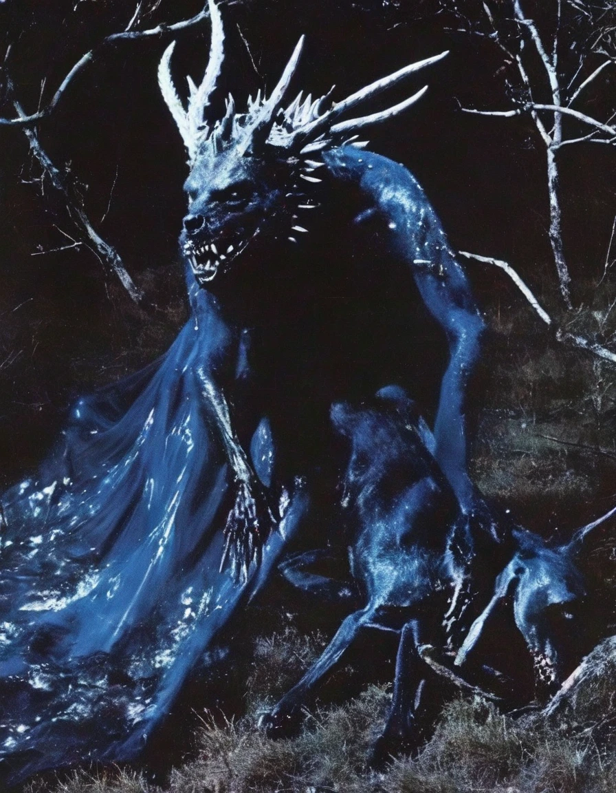 film photography, vintage, fashion photography of horror monster, blue night forest background