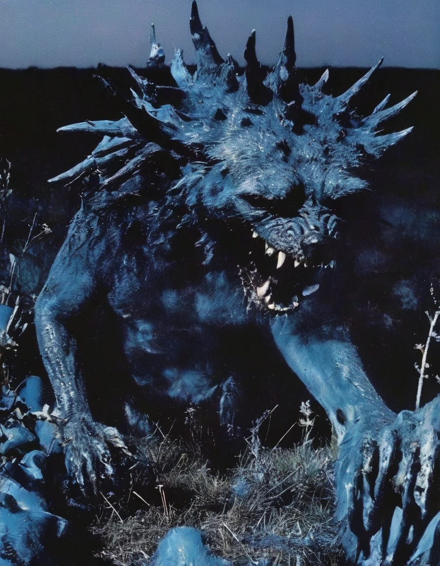 film photography, vintage, fashion photography of horror monster, blue night forest background