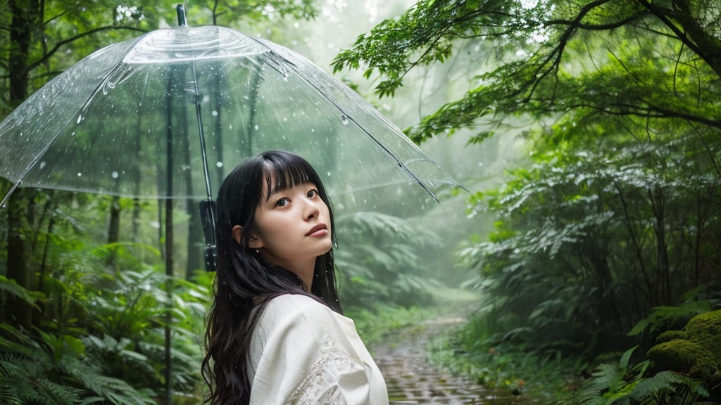 ((Highest quality)), ((masterpiece)), (be familiar with), rain, in the forest