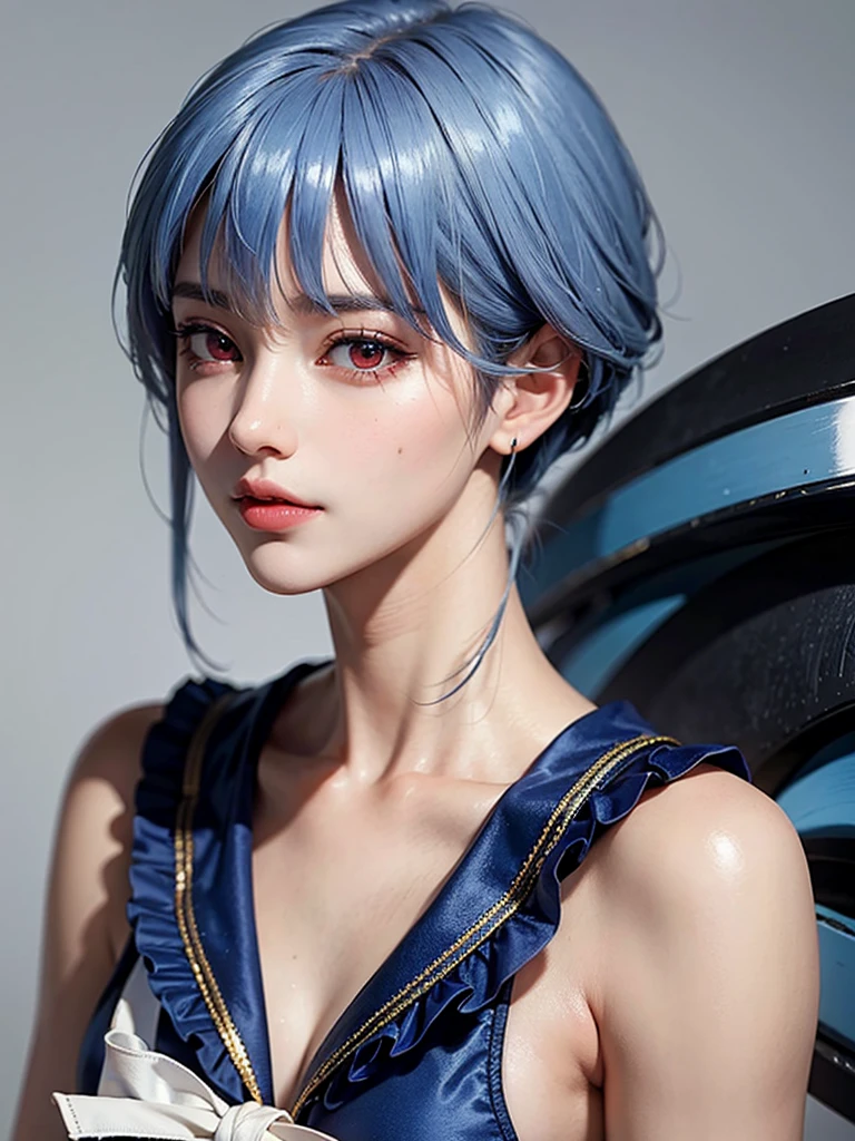 masterpiece, Highest quality, 8K, Detailed skin texture, Detailed cloth texture, Beautifully detailed face, Intricate details, Very detailed, Portrait of Rei Ayanami, Blue Hair, Red eyes, Remember, No background