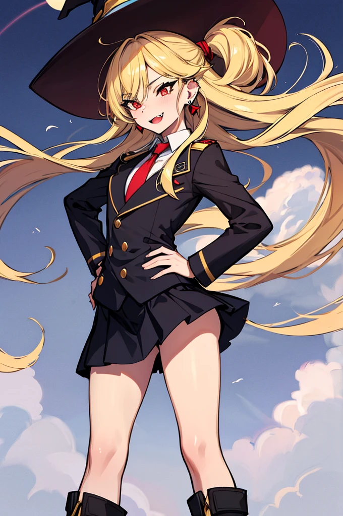 (absurdres, 8k, 4k, masterpiece, hyper extreme detailed:1.2), solo, perfect ???????, cowboy shot, 1girl, back view, perfect face, 1girl, portrait, standing, adult, adult female, mature, Female, Mature Female, very long hair, 8k uhd, 1girl, slender, cowboy shot, standing, full body, back view, red tie, night sky, moon, stockings, big witch hat, witch, blonde hair, piercings, earrings, detailed eyes, expressive eyes, colorful pupils, blazer, skirt, fang tooth, red eyes, earrings, hand on hip, flat ?????, looking forward, front view, messy hair, wind, windy, moving hair, moving clothes, swept bangs, mature body, gyaru, smile, colorful clothing, groan, military boots, perfect legs, reasonable height, ????, 
