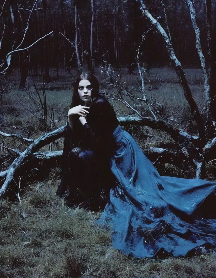 film photography, vintage, fashion photography of beautiful witch in horror brutal scene, blue night forest background