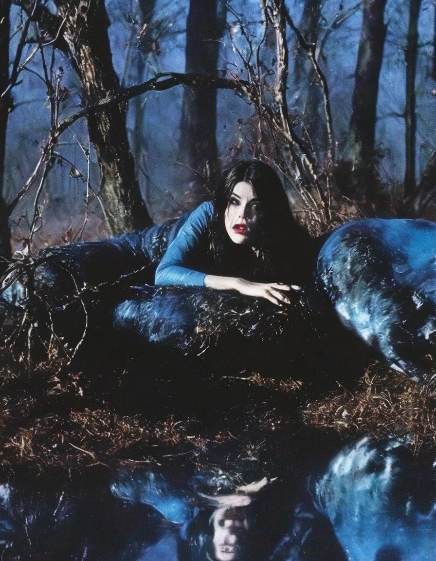 film photography, vintage, fashion photography of beautiful witch in horror brutal scene, blue night forest background