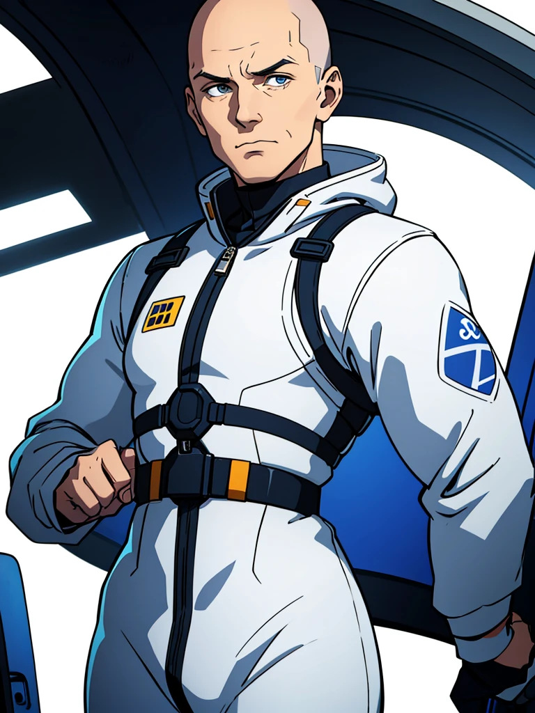 A tall man of about 40 years old with a skinhead painted against a white background, wearing a pilot suit with a high-pressure atmosphere.