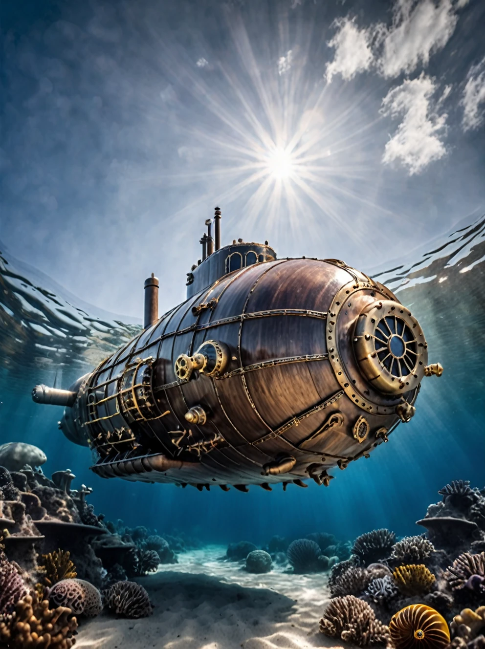  nautilus submarine, BugattiAI submarine, realistic scenery, , outdoors, at the surface of the ocean, sunny day with blue skies, steampunk nautilus-style. very wide shot, character photo portrait, film, professional,