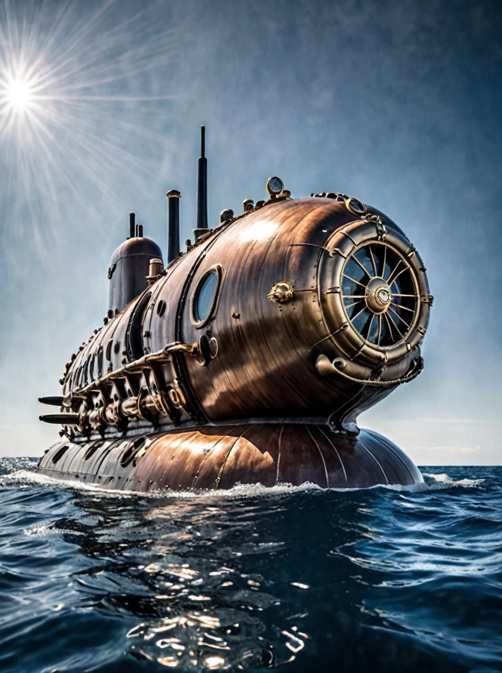 nautilus submarine, BugattiAI submarine, realistic scenery, , outdoors, at the surface of the ocean, sunny day with blue skies, steampunk nautilus-style. very wide shot, character photo portrait, film, professional,
