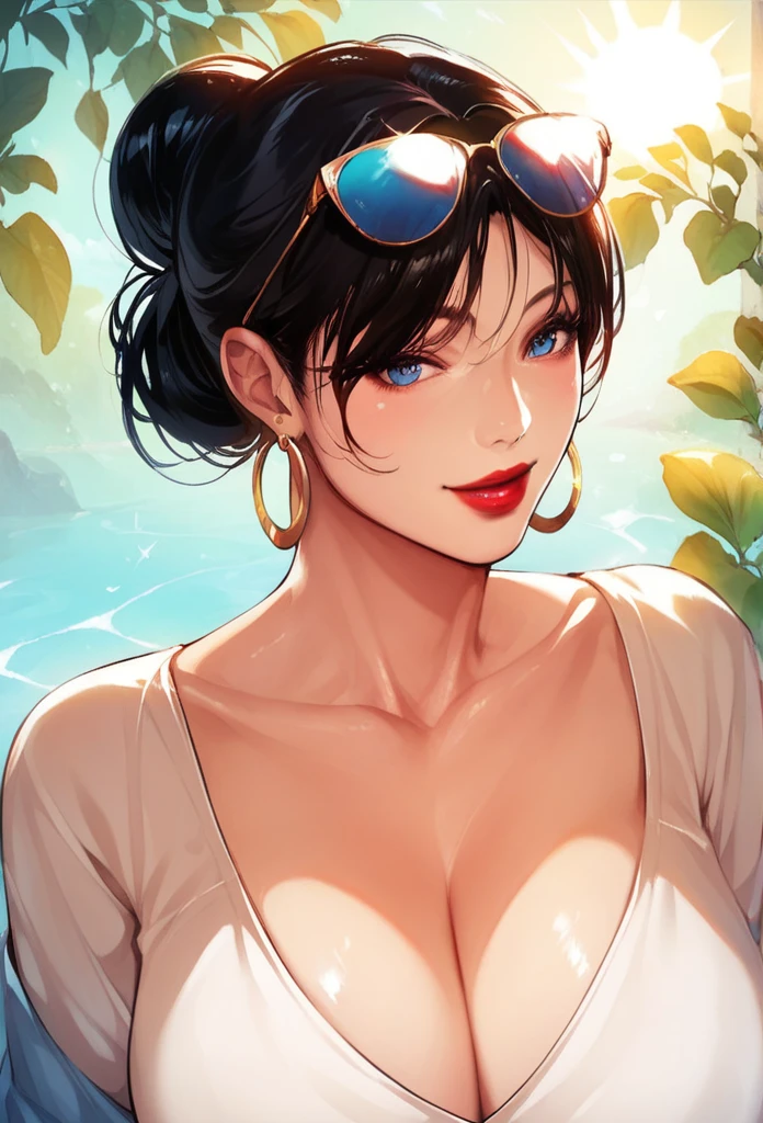   
Hot sexy beautiful single milf ,blue eyes,  detailed , hoops earrings , alluring face , red lipstick  ,black hair,bangs,hair bun, smiling ,big breasts ,mature body,sun glasses on head, Chinese maxi