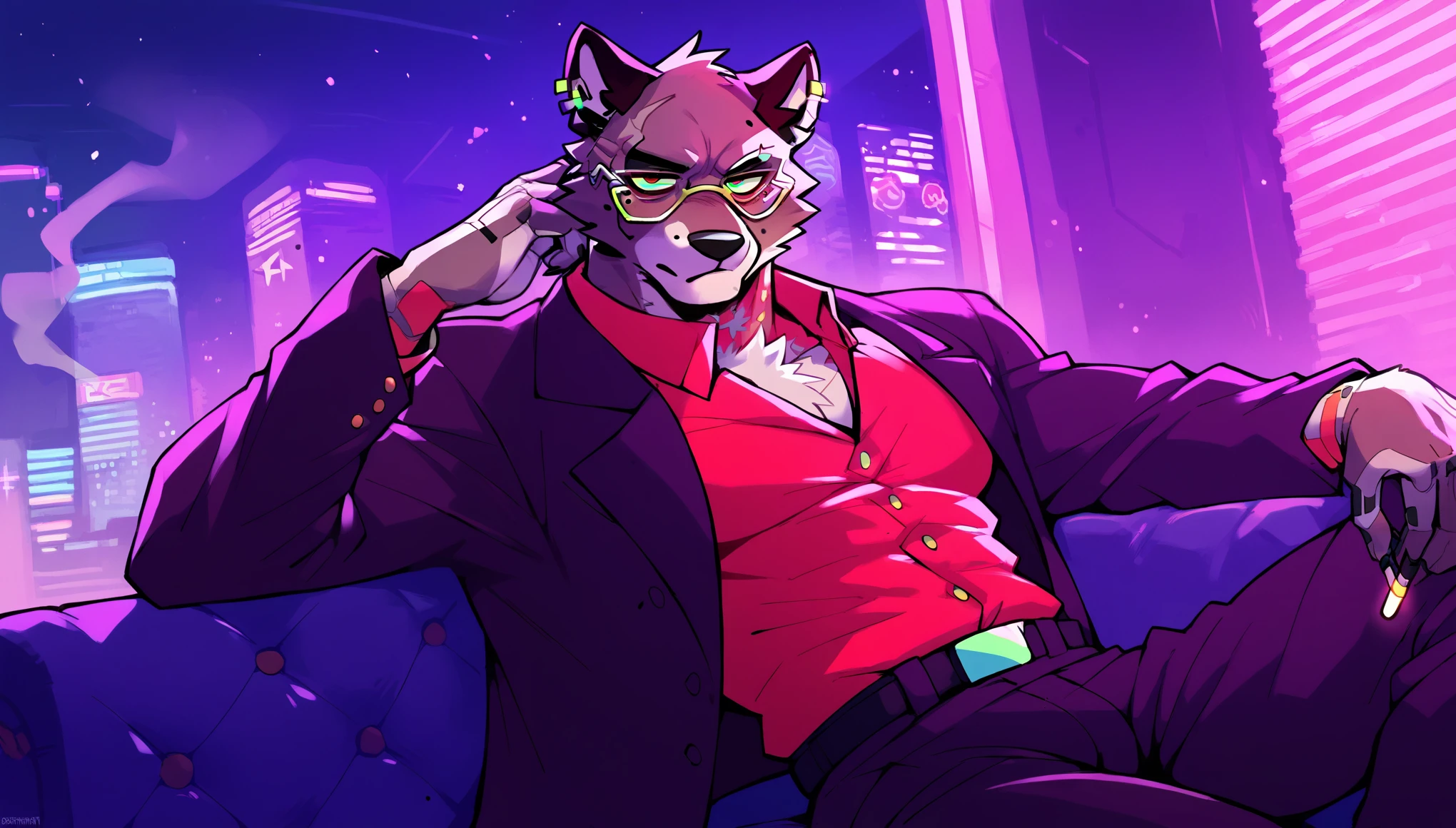 score_9, score_8_up, score_7_up, (cyberpunk city, night room, luxury apartment, security guards on background:1.5),
((mole:1.2), anthro, solo, male, sitting in an armchair, (smoking cirage:1.2), ((wearing business suit, mafia mole boss)), ((black mole fur)), (blind, glasses:1.5), scars, bald head, beautiful, (wears cyberpunk additions, without an eyes:1.5)