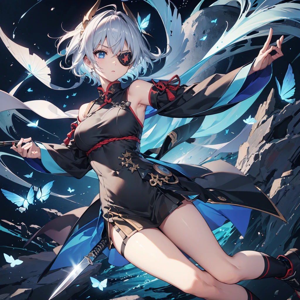 (((1 person Put on an eye patch Gray Hair Qinglong))) ((High resolution short hair Shoulder Rin々Funny face knifeを胸の前で構える)) ((Black Band Ninja Lonely despair blue eyes Close-up)) ((Blue Butterfly night The city of Edo Japanese style old Shining Aura Floating in the air Jump Catch the wind Distorted Space)) (dance 日本knife knife Slashing) 月night moonlight star Shuriken Shining Background Shining Edge