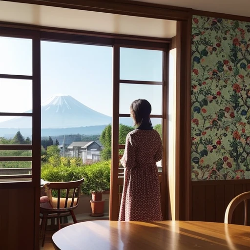 A woman standing in a room facing this way。Table in the foreground。On the table are fruit on a plate and a wine glass。There is a window on the back wall、You can see Mt. Fuji from the window。The wallpaper in the room is Marimekko patterned.。Potted plants in the corner of the room。