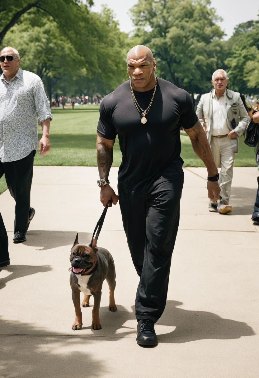 Mr. Mike Tyson is walking in the park with soon and Many members of the public.